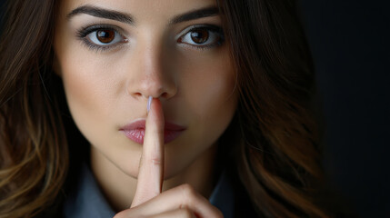 Naklejka premium Young woman with finger on lips showing silence gesture