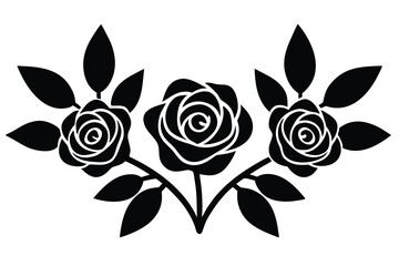 Elegant Black and White Rose Flower Arrangement with Leaves, Stems, and Blossom Details