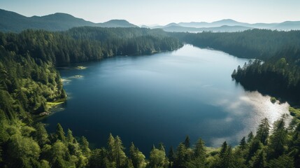 Mountain lake at sunrise with a calm reflection of the surrounding forest and sky