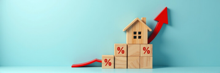 Miniature wooden house on percentage-marked blocks with a rising red line graph against a pastel blue background, symbolizing financial growth and market trends.