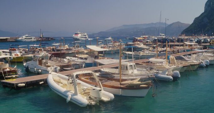 Beautiful scenic view Amalfi coast nature trees blue water coastline boats panorama summer time tourism