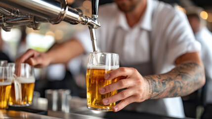 Pouring beer into glass with tattooed arm in bar