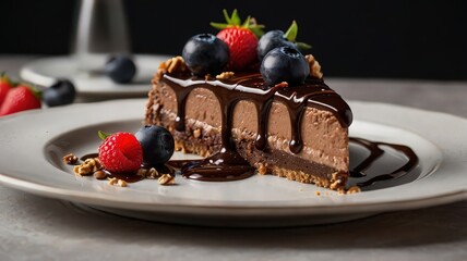 A slice of chocolate cheesecake with berries and chocolate sauce on a white plate for dessert