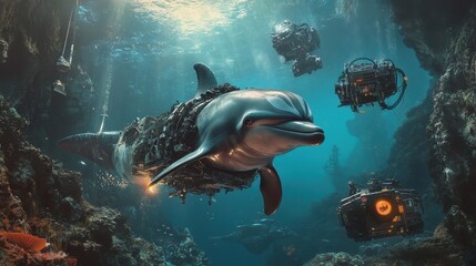 A cybernetic dolphin swims among underwater vehicles