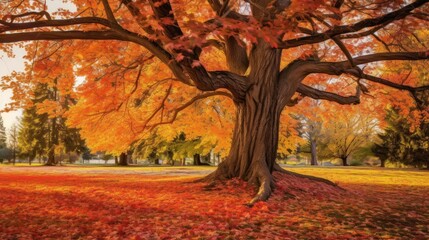 Colorful autumn foliage blankets the trees and park path, creating a vibrant landscape of yellow, orange, and red leaves