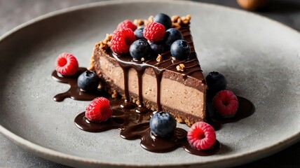 A slice of chocolate tart with berries and chocolate sauce on a gray plate close up view dessert