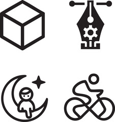 Four simple outline icons cube pen tool child on moon and cyclist symbol