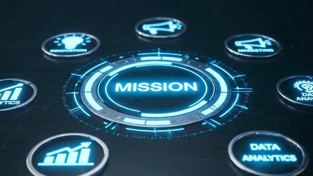 Digital Interface with a Glowing "Mission" Button. Pressing a Button to Launch a Company Mission.