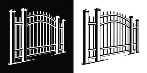 Obraz premium Classic metal fence with an arched gate, featuring decorative wrought iron design for elegant property access and security
