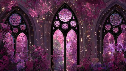 Enchanting gothic cathedral windows with pink floral illumination.