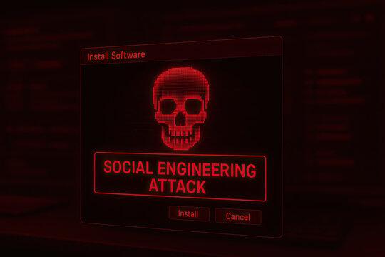 Red digital skull warning on screen highlights cyber threats and crime risks in security systems with social engineering attack alert causing concern and caution
