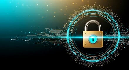 Cybersecurity:  Abstract Gold Padlock Secured within Futuristic Teal Digital Circuitry,  Data Protection Concept.