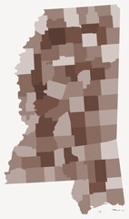 Map of Mississippi with counties. Just a simple state border map with county division. Brown color palette. Flat State of Mississippi shape with administrative division. Vector illustration.