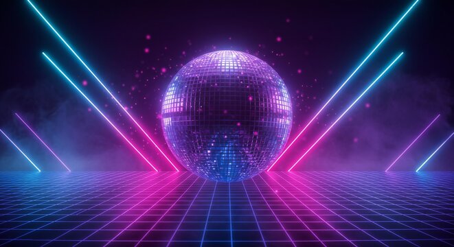 Retro disco ball with neon laser beams and grid floor background