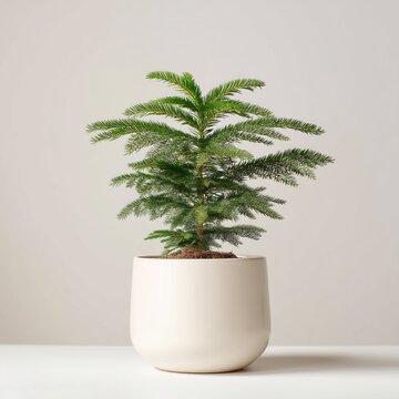 Adorable potted Norfolk Island pine in modern, elegant neutral ceramic pot interior houseplant