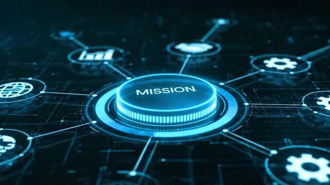 Digital Interface with a Glowing "Mission" Button. Pressing a Button to Launch a Company Mission.