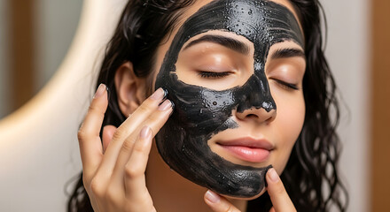 Woman Applying Charcoal Face Mask for Skin Rejuvenation and Detoxification