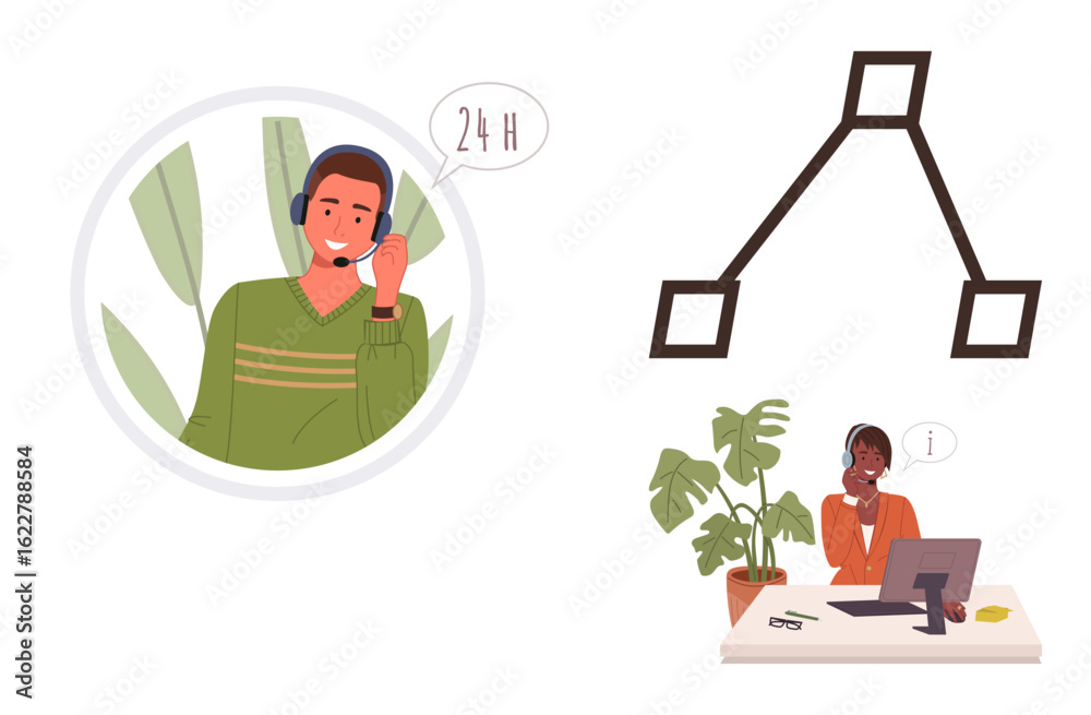 Wall mural support agent on call with 24-hour service, connecting diagram of communication flow, and desk work 