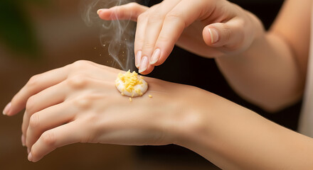Applying crushed boiled egg yolk to a small wound on a hand