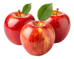 A close up shot of three shiny red apples with stems and green leaves on a black background studio shot