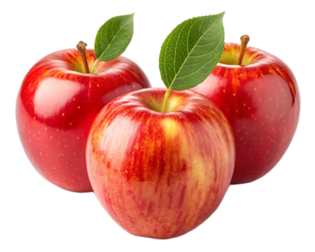 A close up shot of three shiny red apples with stems and green leaves on a black background studio shot