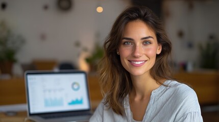 Business Professional: A cheerful professional woman, with a warm, inviting smile, sits confidently in front of a laptop, showcasing data analysis charts, in a bright and modern workspace.