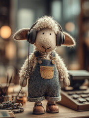 Cute sheep toy wearing headphones