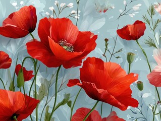 Naklejka premium Vibrant red poppies on a light blue background