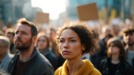 Obraz premium Hope and Solidarity in the Crowd: In a stirring scene of collective action, a diverse group of individuals gathers, their faces reflecting a range of emotions - hope, determination, and unity.