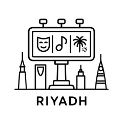 Obraz premium Digital billboard in Riyadh advertising cultural events with theatre mask, musical note, and date palm icon. Digital billboard shows Saudi Arabia cultural events,