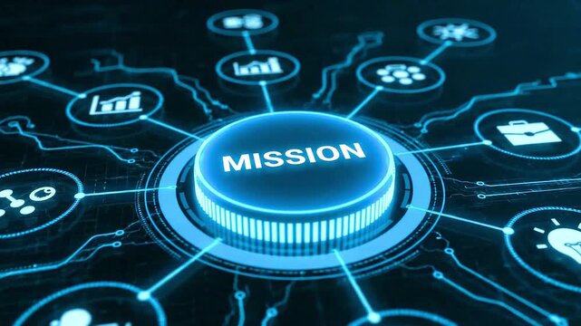 Digital Interface with a Glowing "Mission" Button. Pressing a Button to Launch a Company Mission.
