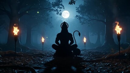 Divine Night of Hanuman in Forest Moonlight - Powered by Adobe