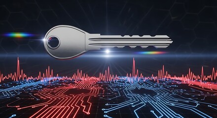 Cybersecurity Digital Key: Abstract 3D Render of Metallic Key over Circuit Board with Red and Blue Data Waveforms, Futuristic Technology Concept