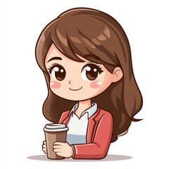 Cute Cartoon Woman with Brown Hair Drinking Coffee