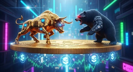 A golden bull and a black bear face off on a coin, representing market trends with digital elements.