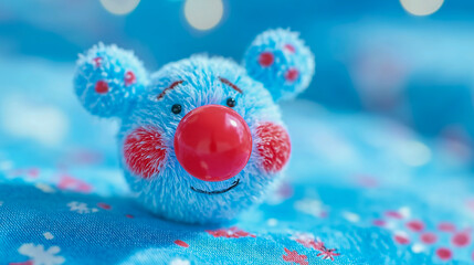 A fluffy blue pom-pom clown face features a bright red nose, rosy cheeks, and embroidered eyes, set against a soft blue floral background.