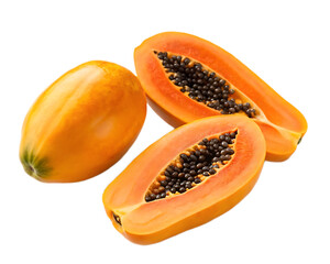 A still life of a whole papaya and two papaya halves with black seeds on a black background