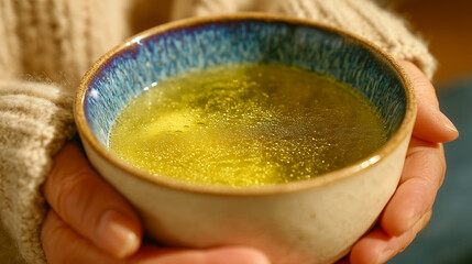 A close-up of a person holding a bowl filled with a shimmering golden liquid. The bowl features a blue rim, contrasting with the warm, textured sweater.