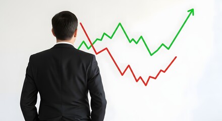 Businessman contemplates fluctuating market trends depicted by contrasting graphs.