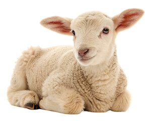 A fluffy white lamb lying down with its ears perked up against a black isolated background image