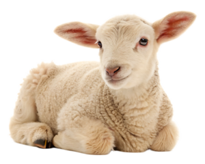 A fluffy white lamb lying down with its ears perked up against a black isolated background image