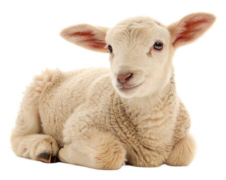 A fluffy white lamb lying down with its ears perked up against a black isolated background image