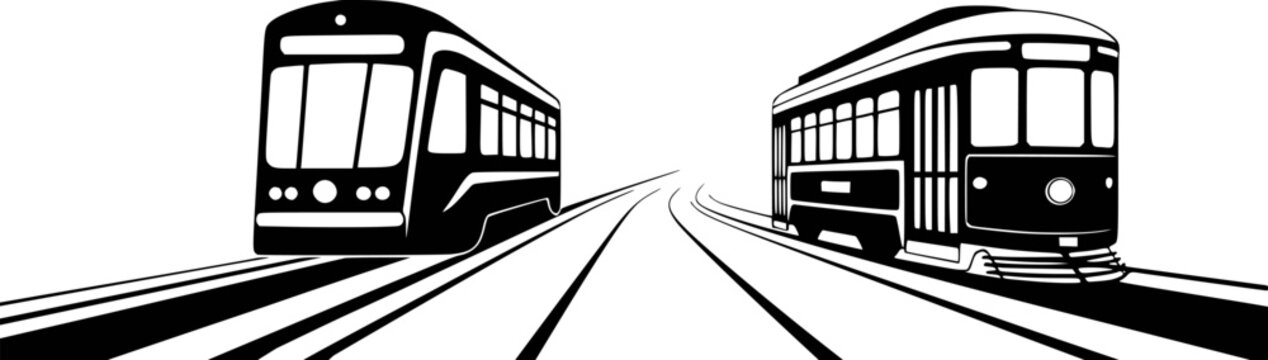 Black and white graphic illustration of two trams on tracks streetcar public transport