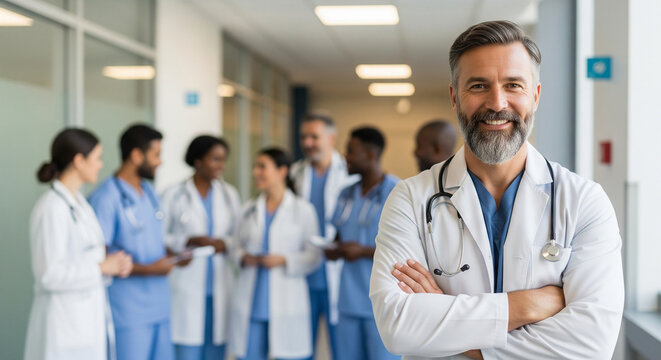 Portrait of a confident mature doctor with a diverse medical team in the background