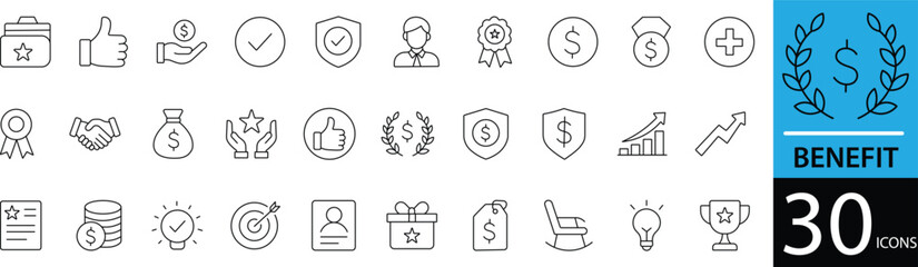 Minimal Benefit Line Icon Set 30 Clean Outline Symbols for Business Perks, Rewards, and HR Services