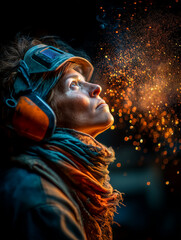Female welder gazing at sparks, nighttime