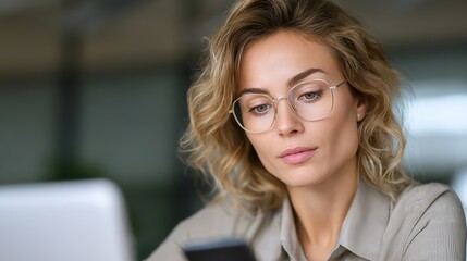 Focused Thought: A close-up of a focused, stylish person with glasses, deeply engaged with a phone, showcasing intelligence and attentiveness.