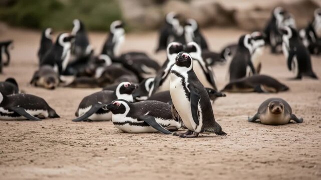 Playful penguins waddle and interact on sandy beach amidst resting seals