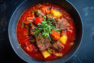 A bowl of hot Beef Goulash, overhead shot. Rich red tomato sauce, vegetables and meat cubes, garnished with fresh herbs on a grey table. Spiced beef, colorful tomatoes. Perfectly served meat dish