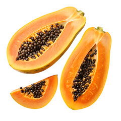 Freshly cut papaya fruit halves and slice isolated on transparent background